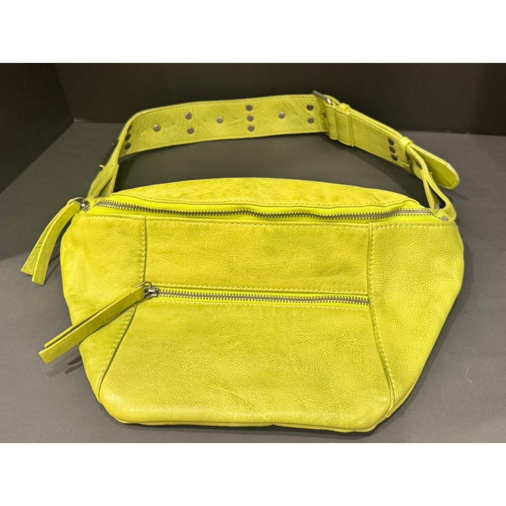 Free People Wilder Embellished Leather Sling Bag Lime Green Zip Up - EXCELLENT